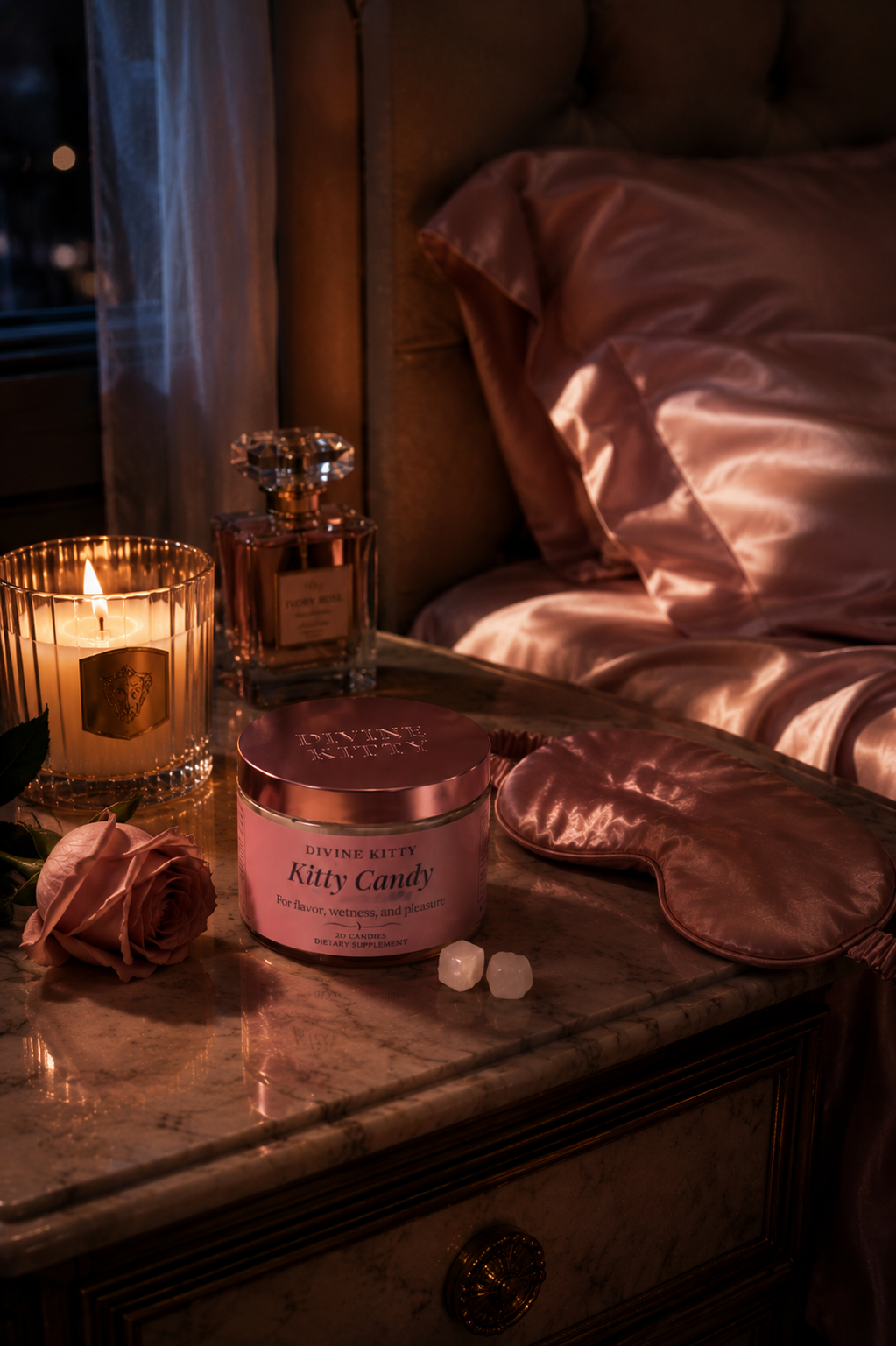 Kitty Candy on a luxurious nightstand